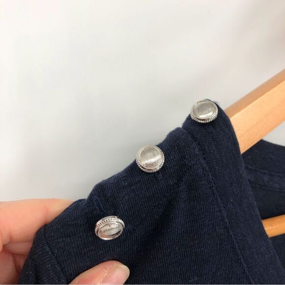 Talbots Shirt Womens Medium Linen Dark Blue Navy Buttons Nautical Short Sleeve - Picture 2 of 9